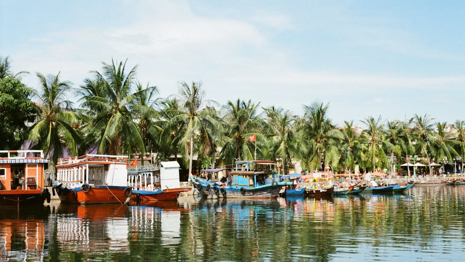 Thuyền gỗ neo bên bờ sông Hội An dưới hàng dừa xanh, bóng cây in trên mặt nước