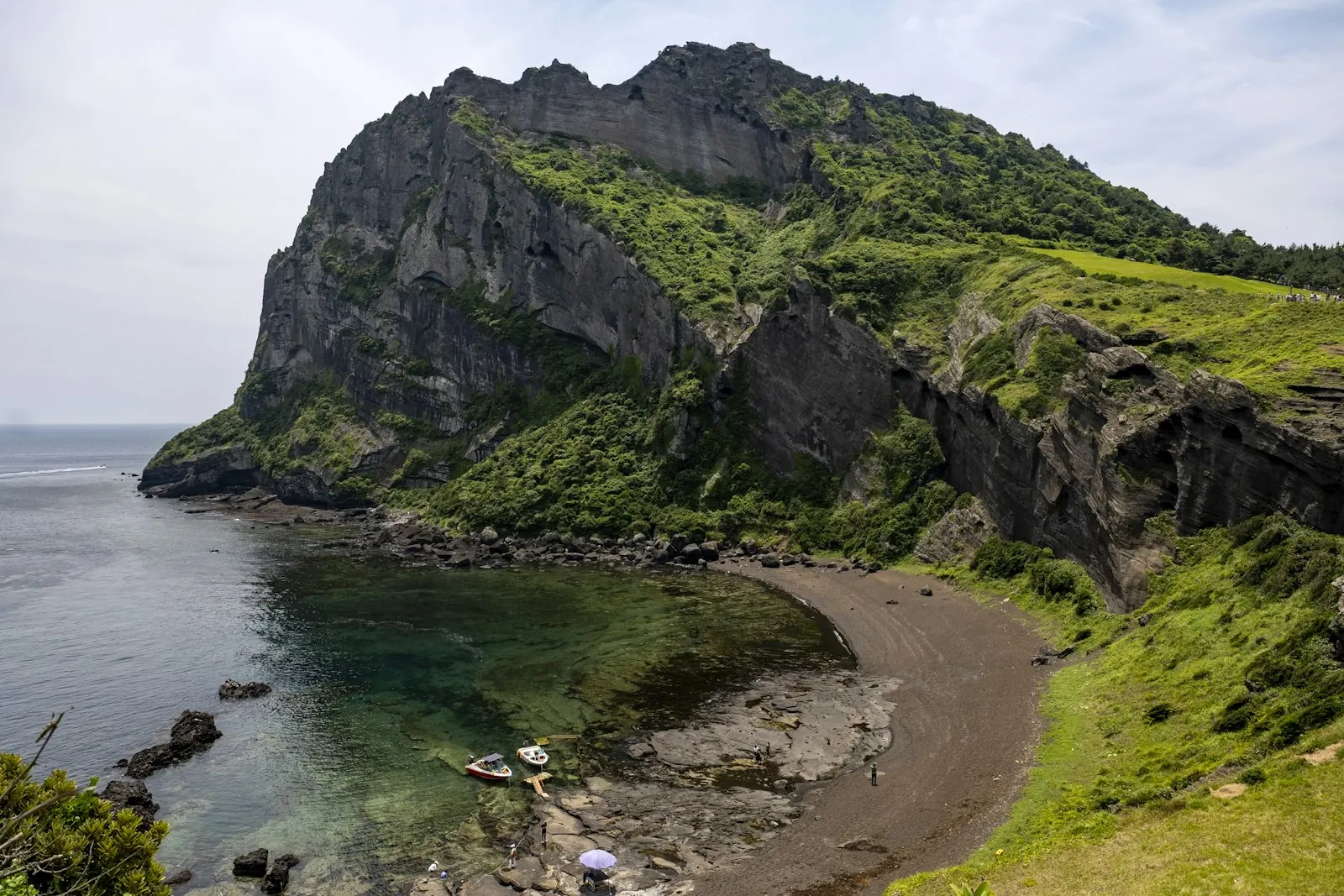 Ngọn núi lửa phủ cỏ xanh nhô ra biển ở Jeju, bên dưới là bãi đá và mặt nước lặng